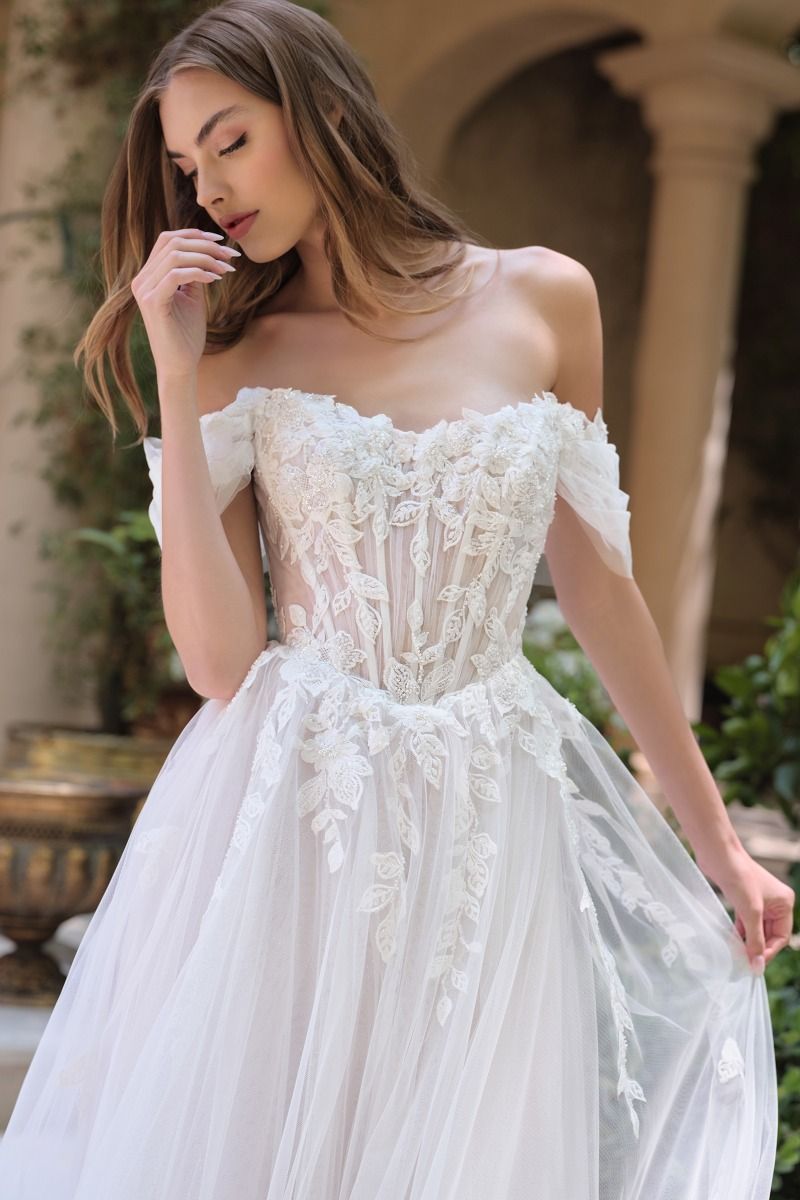 OFF THE SHOULDER LACE EMBROIDERY TULLE WEDDING GOWN BY ANDREA & LEO COUTURE  STYLE WL089 – Bridal Hive