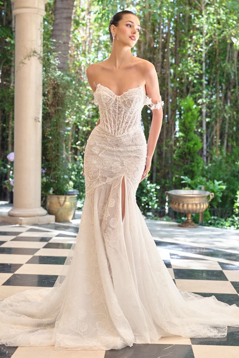 OFF THE SHOULDER EMBROIDERED TULLE FITTED MERMAID BRIDAL GOWN BY ANDREA AND  LEO COUTURE WL099  Bridal Hive