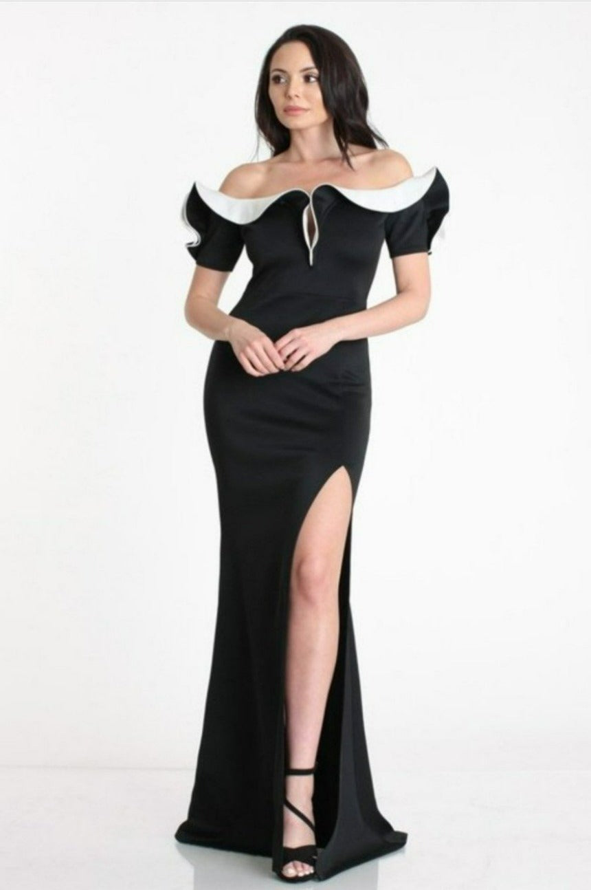 OFF THE SHOULDER FIT AND FLARE DRESS BLACK/WHITE / 3XL OFF THE SHOULDER FIT AND FLARE DRESS BLACK/WHITE / 3XL