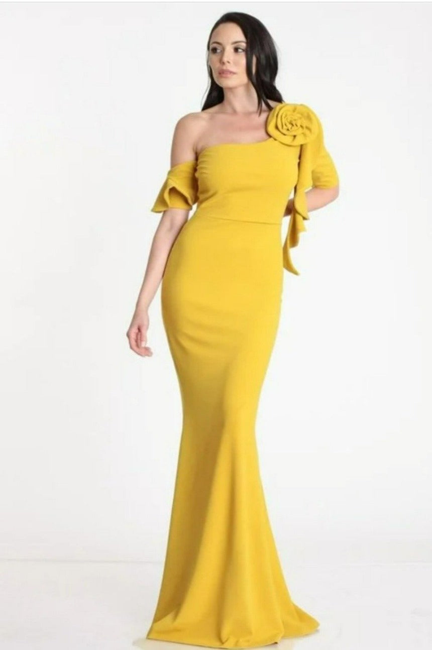 ONE SHOULDER MERMAID FLORAL BODYCON MAXI DRESS MUSTARD / M ONE SHOULDER MERMAID FLORAL BODYCON MAXI DRESS MUSTARD / M