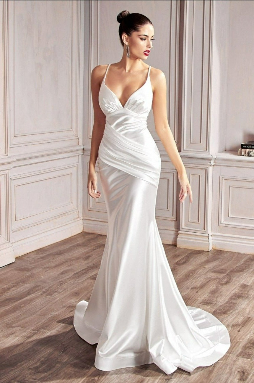 Long Sheath Stretch Satin Gown Pleated Waistband Bridal gown by CINDERELLA DIVINE CH236W Long Sheath Stretch Satin Gown Pleated Waistband Bridal gown by CINDERELLA DIVINE CH236W