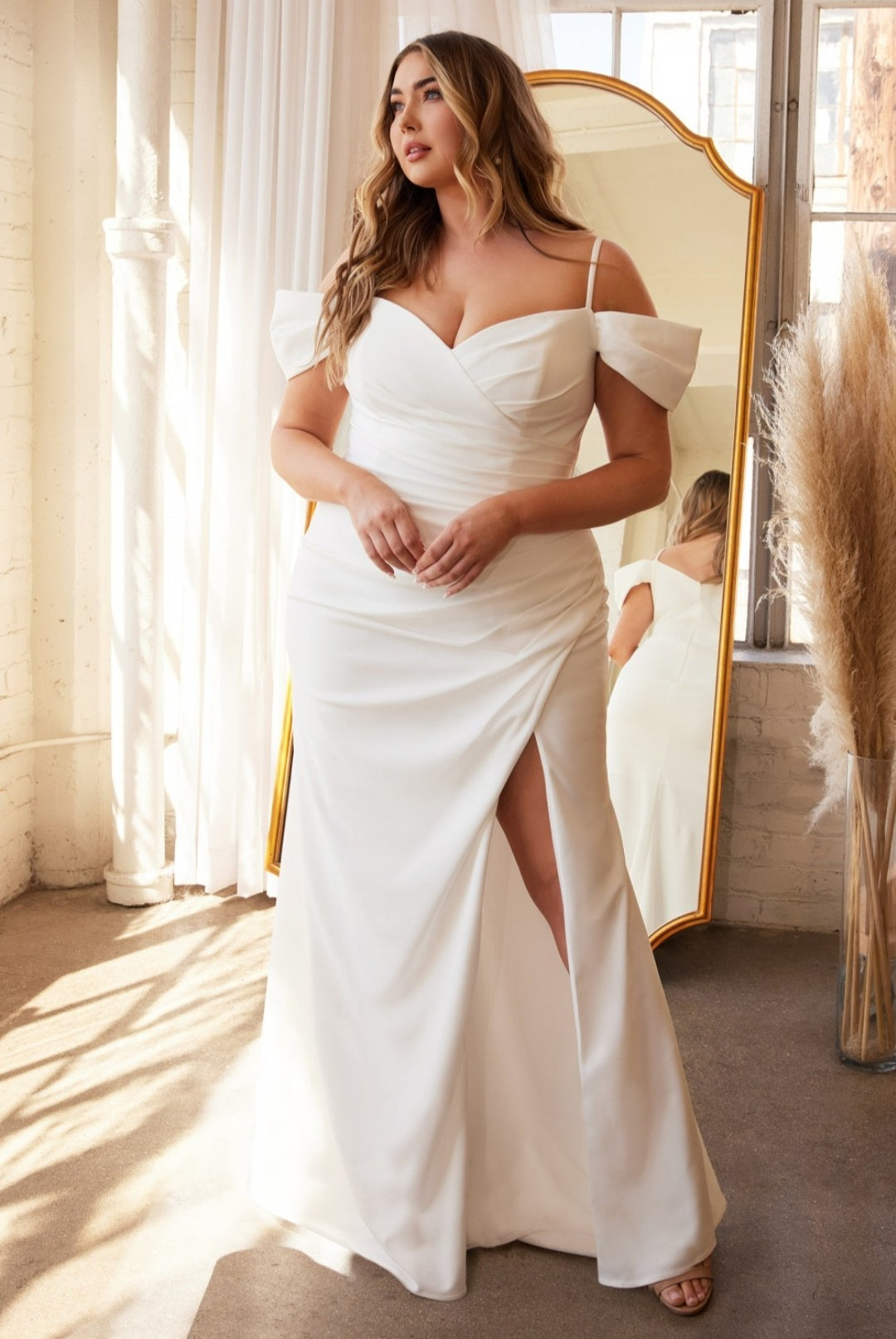CREPE OFF THE SHOULDER DRESS BY CINDERELLA DIVINE KV1057W KV1057WC Bridal Hive CREPE OFF THE SHOULDER DRESS BY CINDERELLA DIVINE KV1057W KV1057WC Bridal Hive