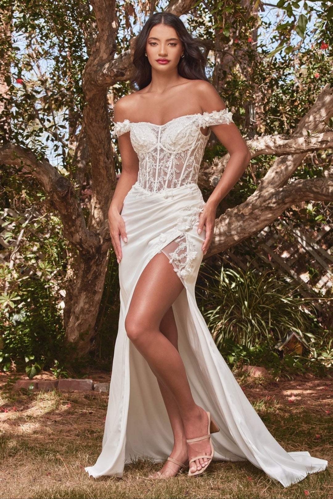 DRAPED SATIN GOWN WITH OVERSKIRT WITH APPLIQUE CORSET WEDDING