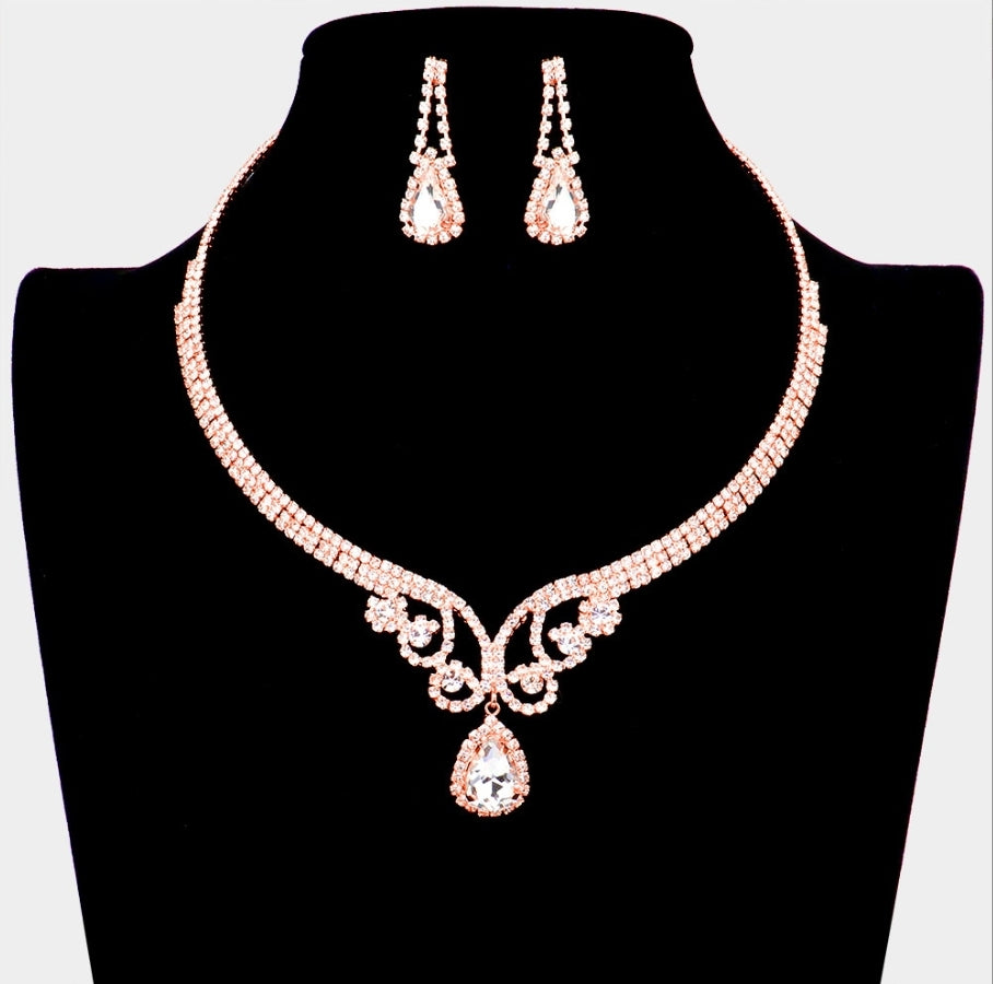 2Pcs Crystal Teardrop Dangle Necklace Set