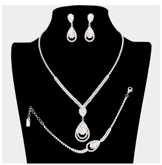 3PCS - Rhinestone Pave Teardrop Accented Necklace Jewelry Set
