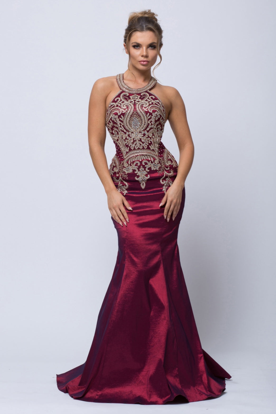 Burgundy and gold mermaid cheap dress