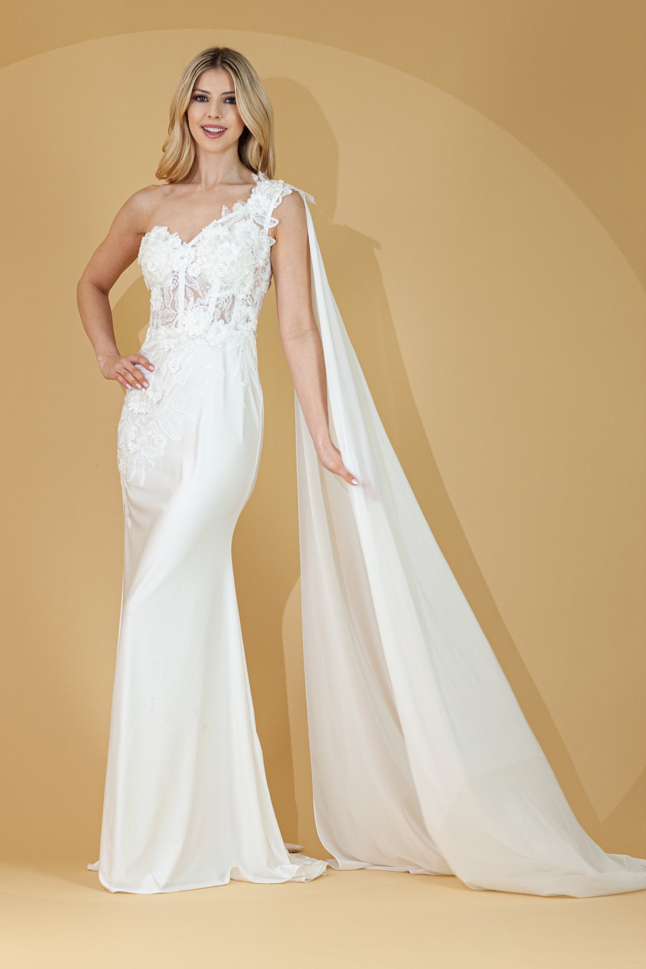 one shoulder wedding dress with cape Confte