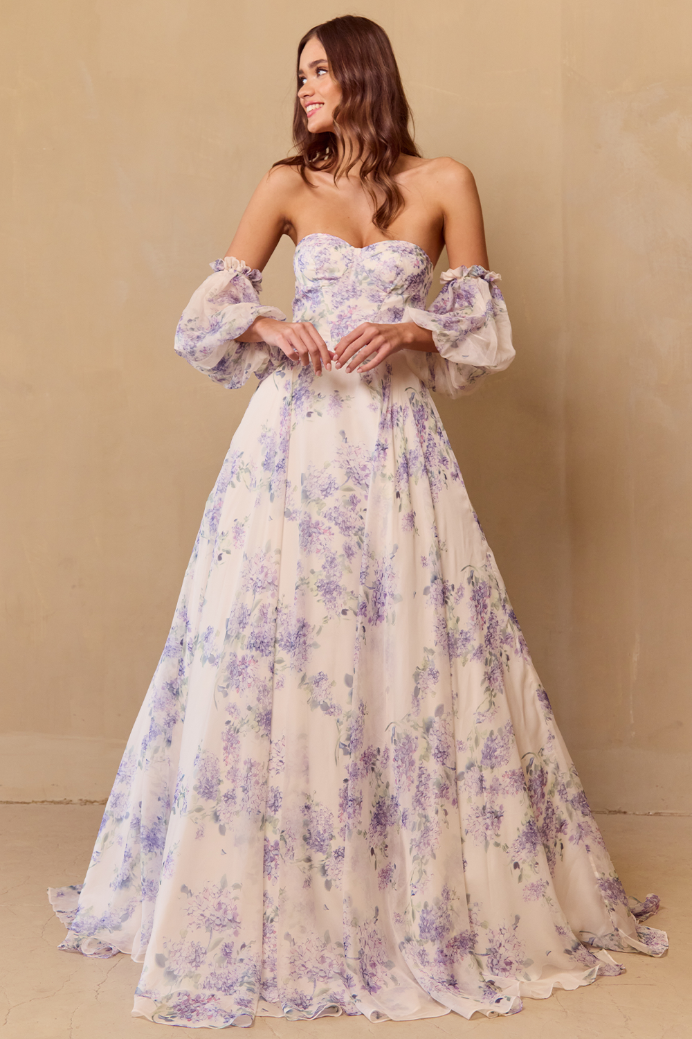 Strapless Floral Print Chiffon A-Line Ball Gown by Amelia Couture SU084 SU089 Lilac / 8 Strapless Floral Print Chiffon A-Line Ball Gown by Amelia Couture SU084 SU089 Lilac / 8