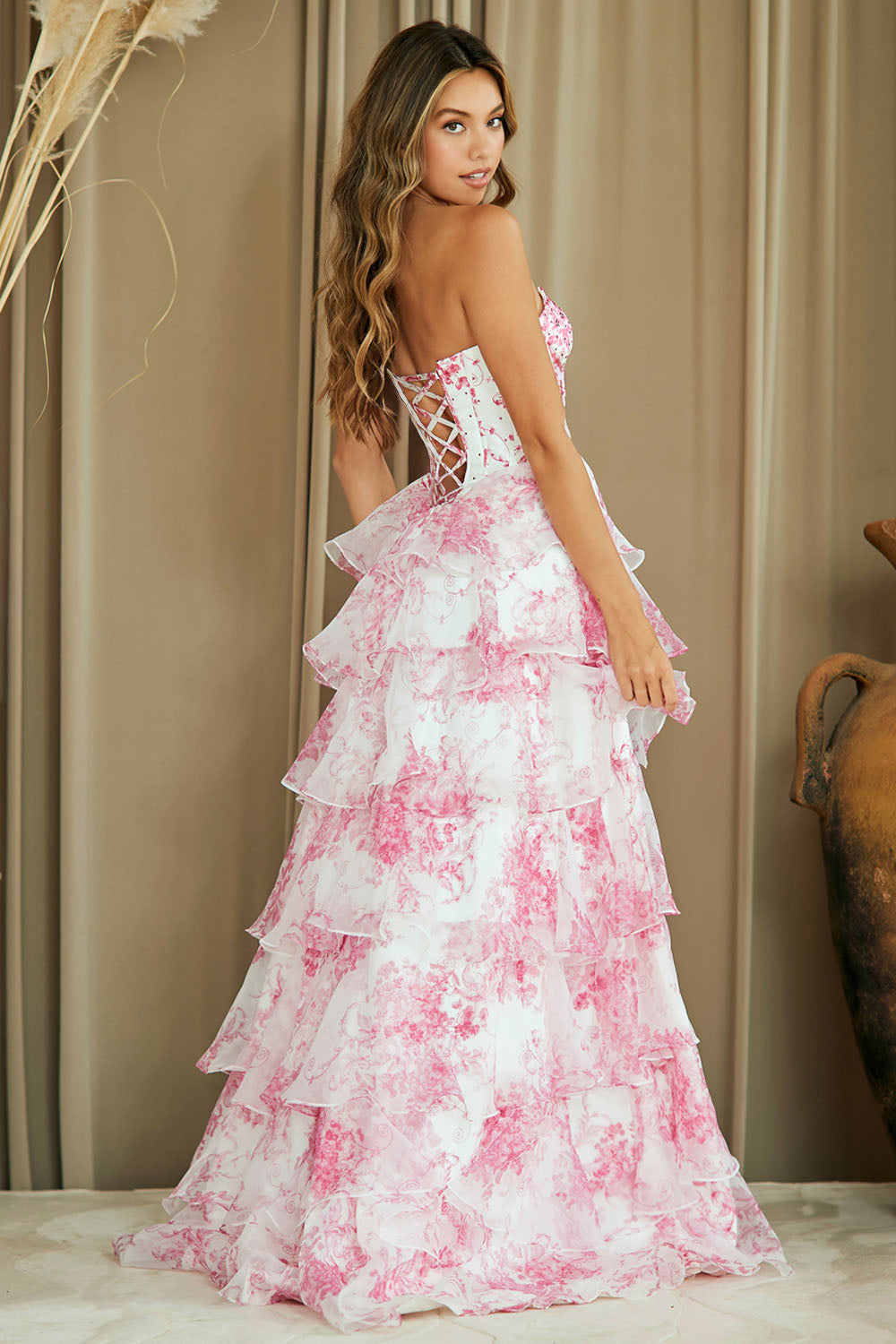 a-line floral print ruffled strapless homecoming dress with cutouts Stacees Grape Floral Corset Homecoming Dress Short Mini Strapless Tiered Ruffle Ships in 48hrs
