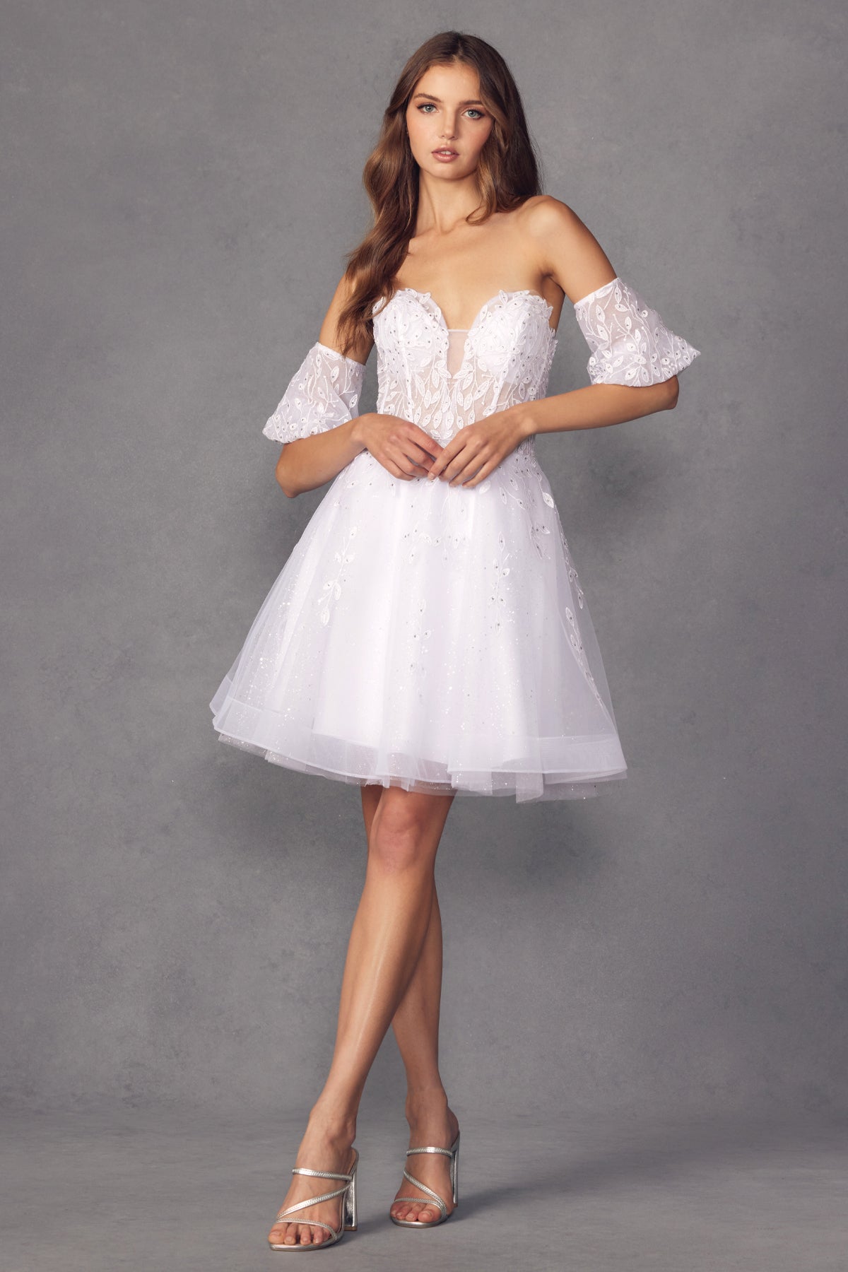 Juliet 909 - Leaf Embroidered Short Dress With Detachable Sleeves