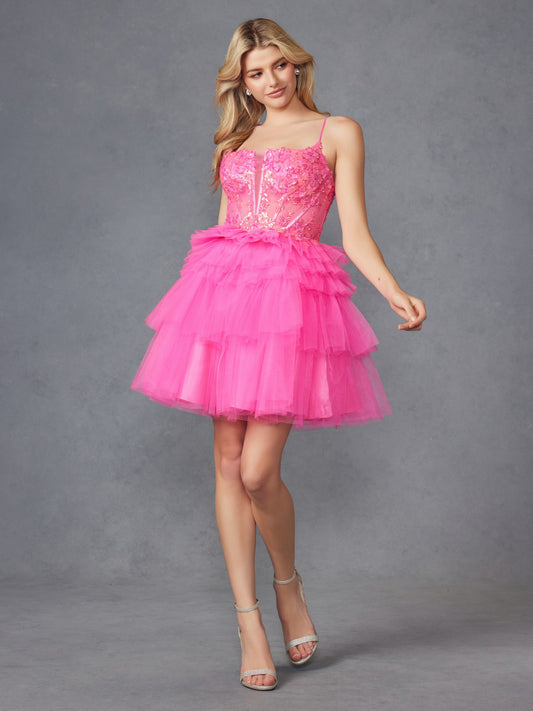 Juliet JT935K - Beaded Corset Top With Ruffle Tulle Skirt Mini Dress