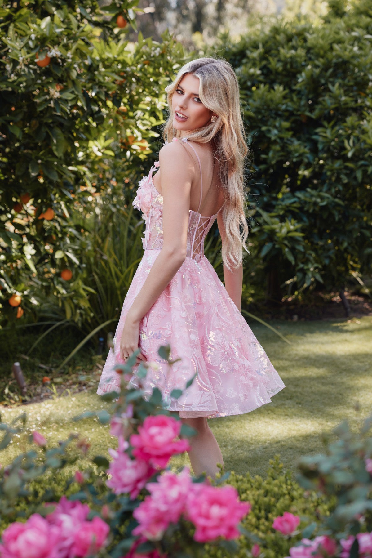 Juliet JT917A - A-Line Embroidered Lace With Corset Bodice Cocktail Dress