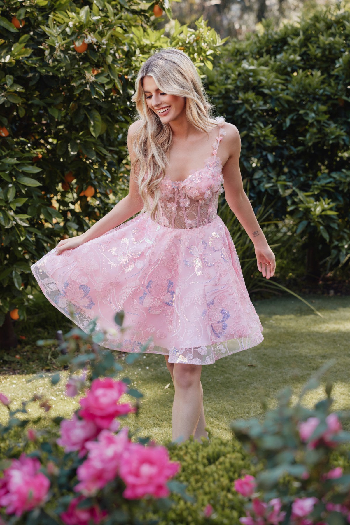 Juliet JT917A - A-Line Embroidered Lace With Corset Bodice Cocktail Dress