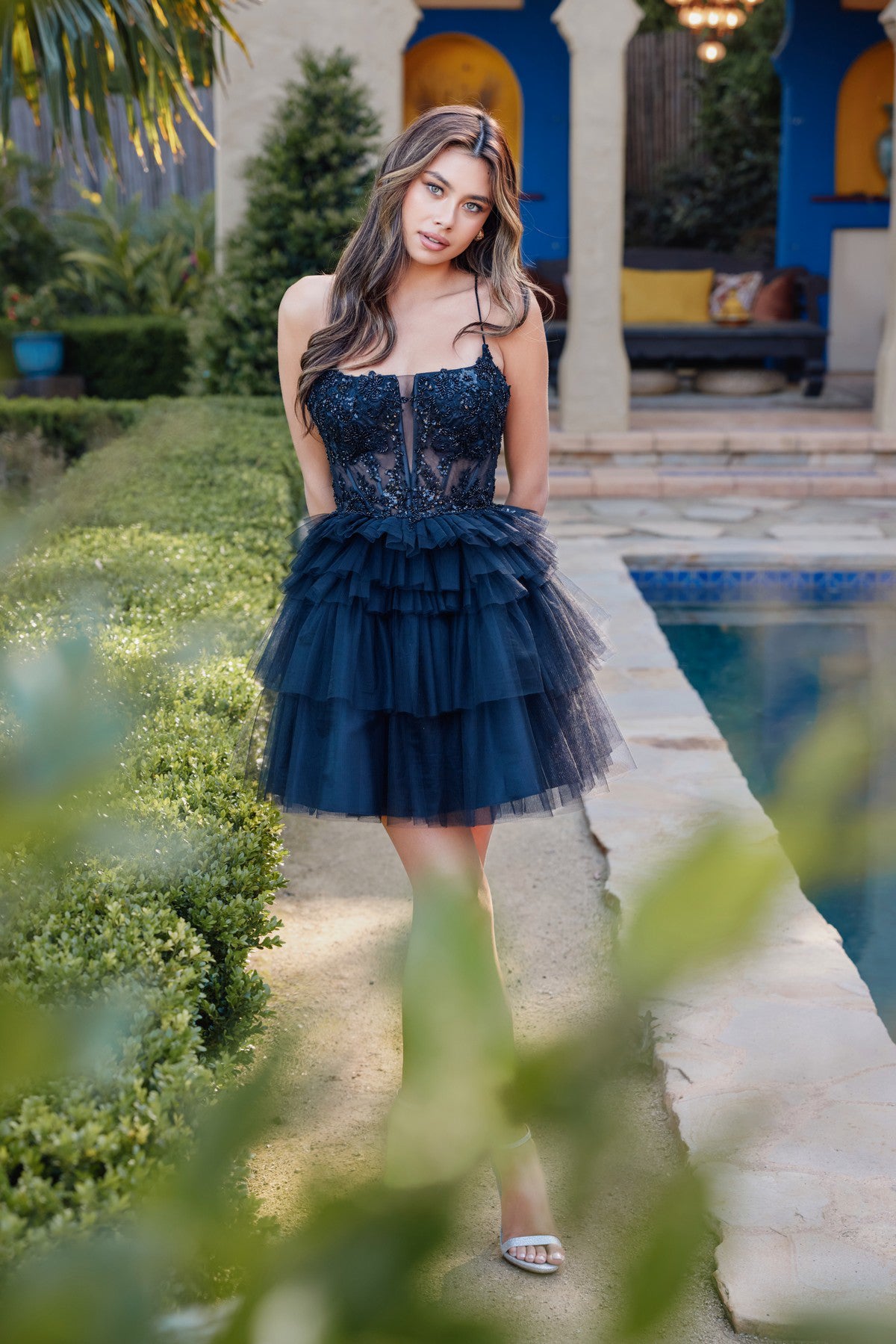 Juliet JT935K - Beaded Corset Top With Ruffle Tulle Skirt Mini Dress