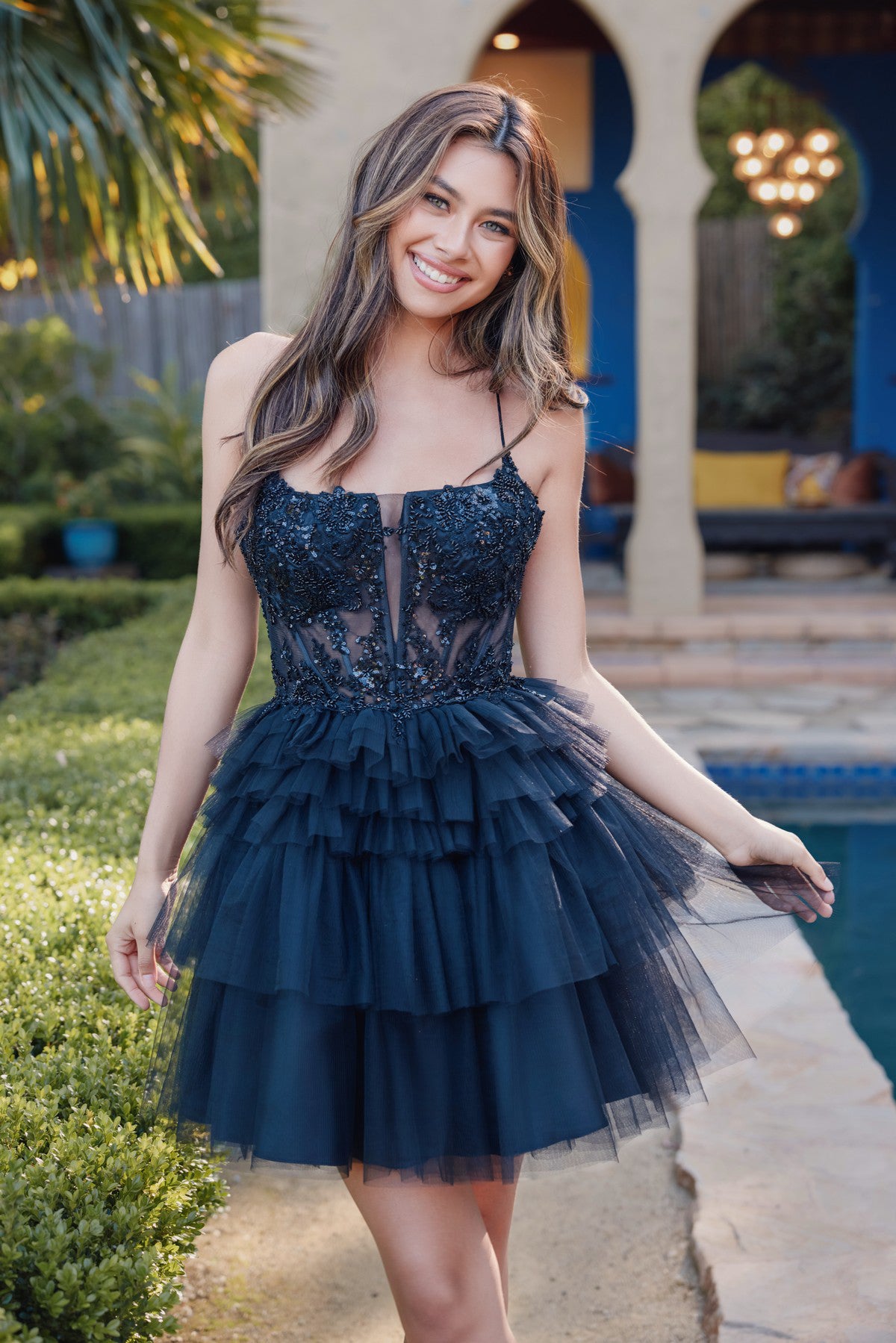 Juliet JT935K - Beaded Corset Top With Ruffle Tulle Skirt Mini Dress