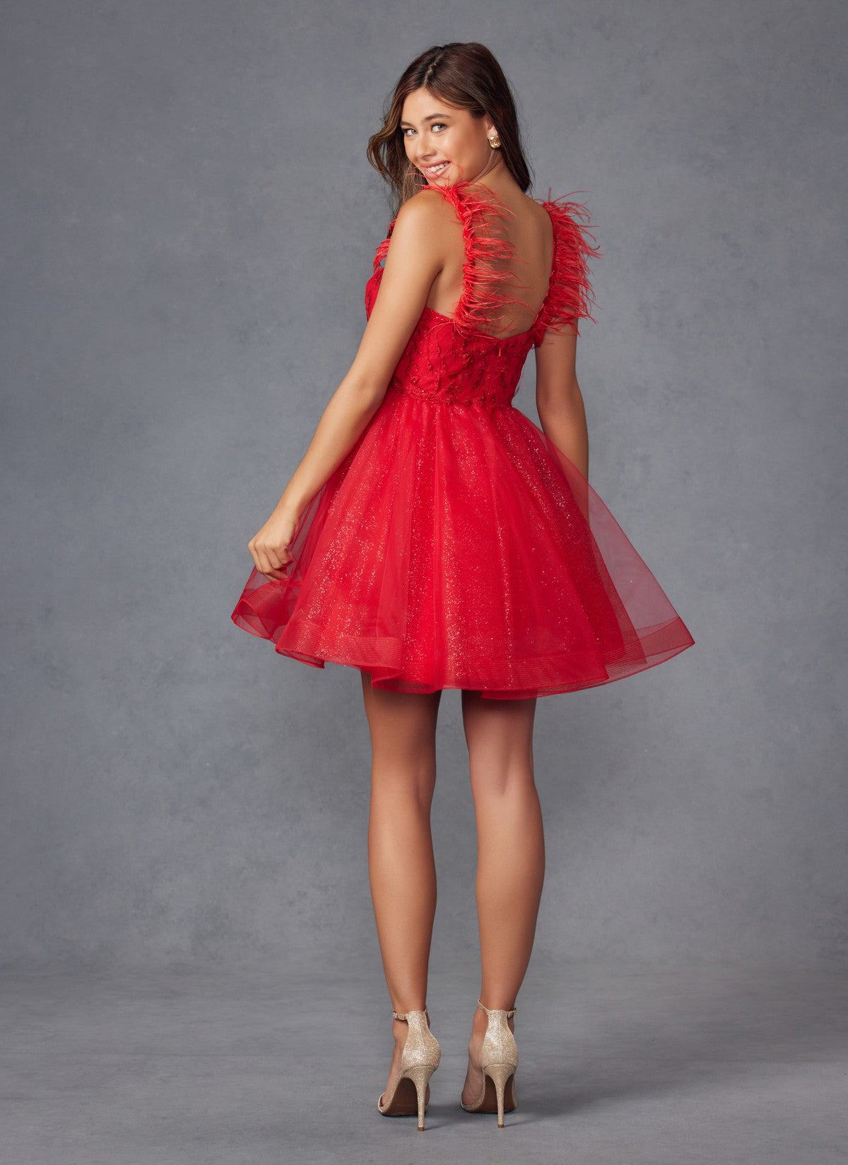 Juliet JT881 - Feather Straps Sheer Bodice Short A-Line Dress.