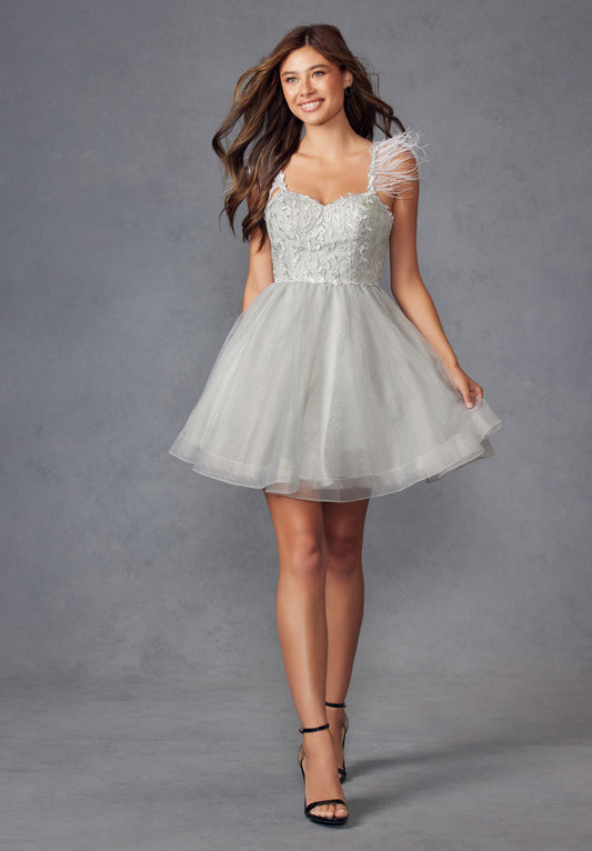 Juliet JT881 - Feather Straps Sheer Bodice Short A-Line Dress.
