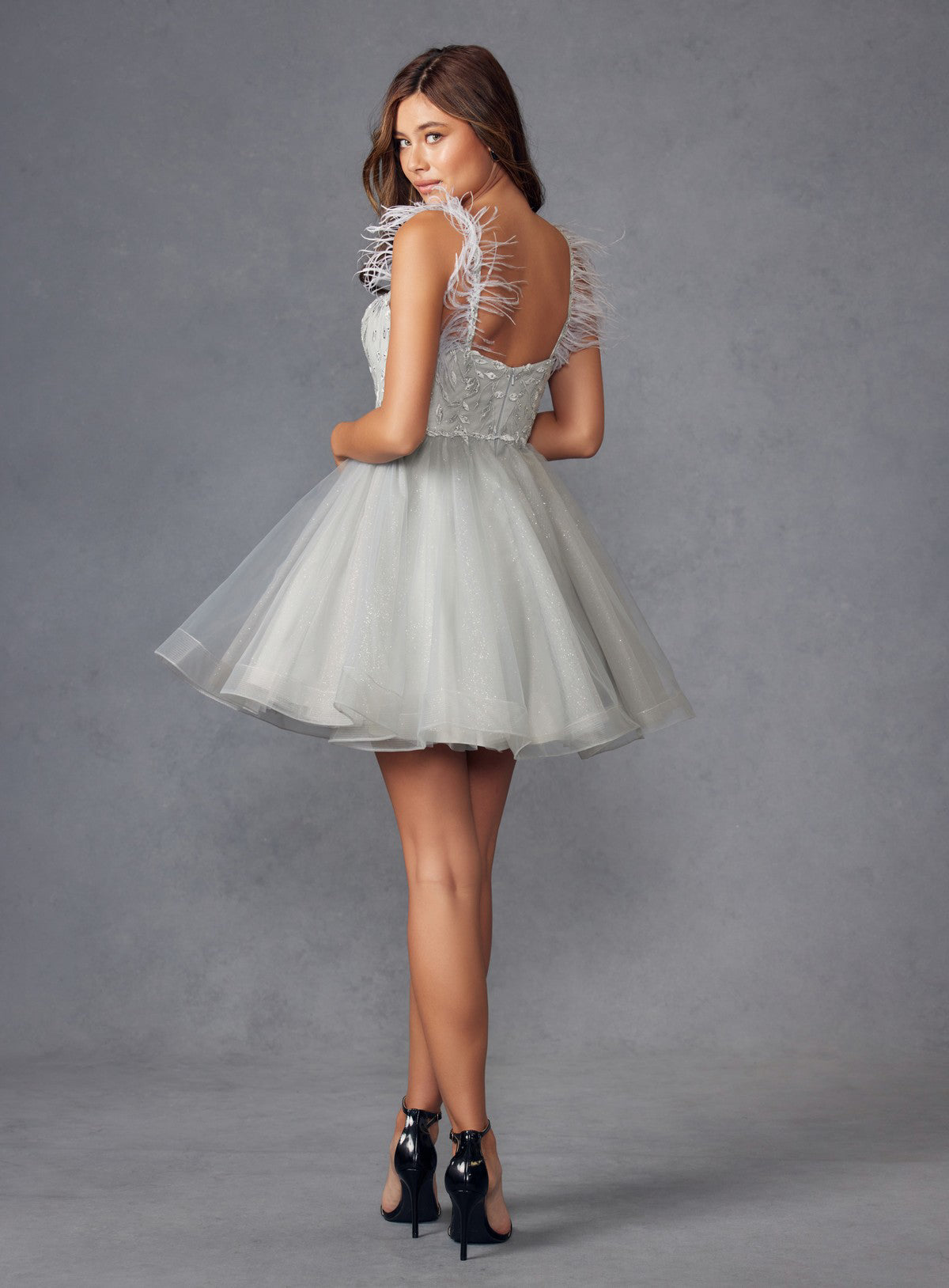 Juliet JT881 - Feather Straps Sheer Bodice Short A-Line Dress.