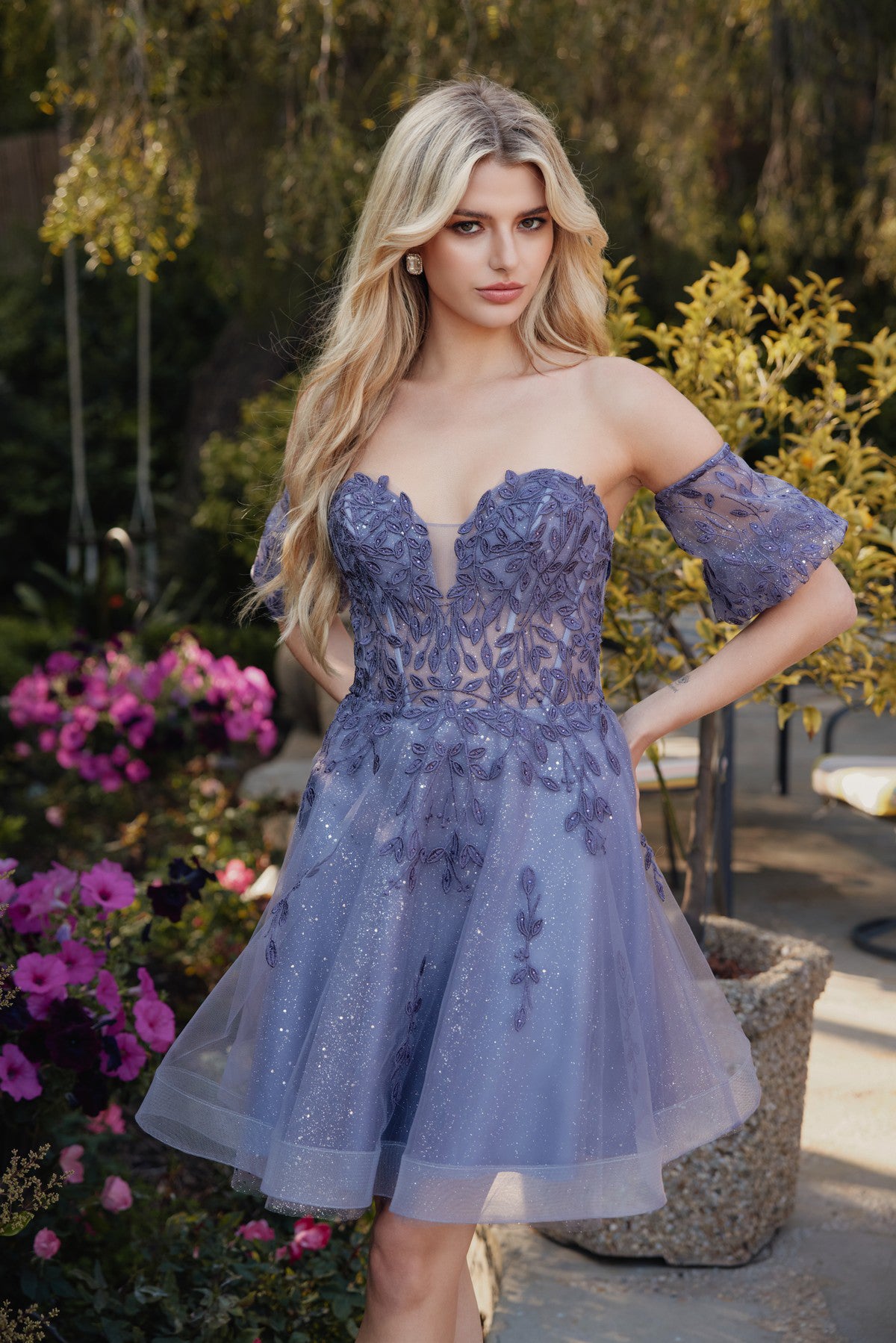 Juliet 909 - Leaf Embroidered Short Dress With Detachable Sleeves