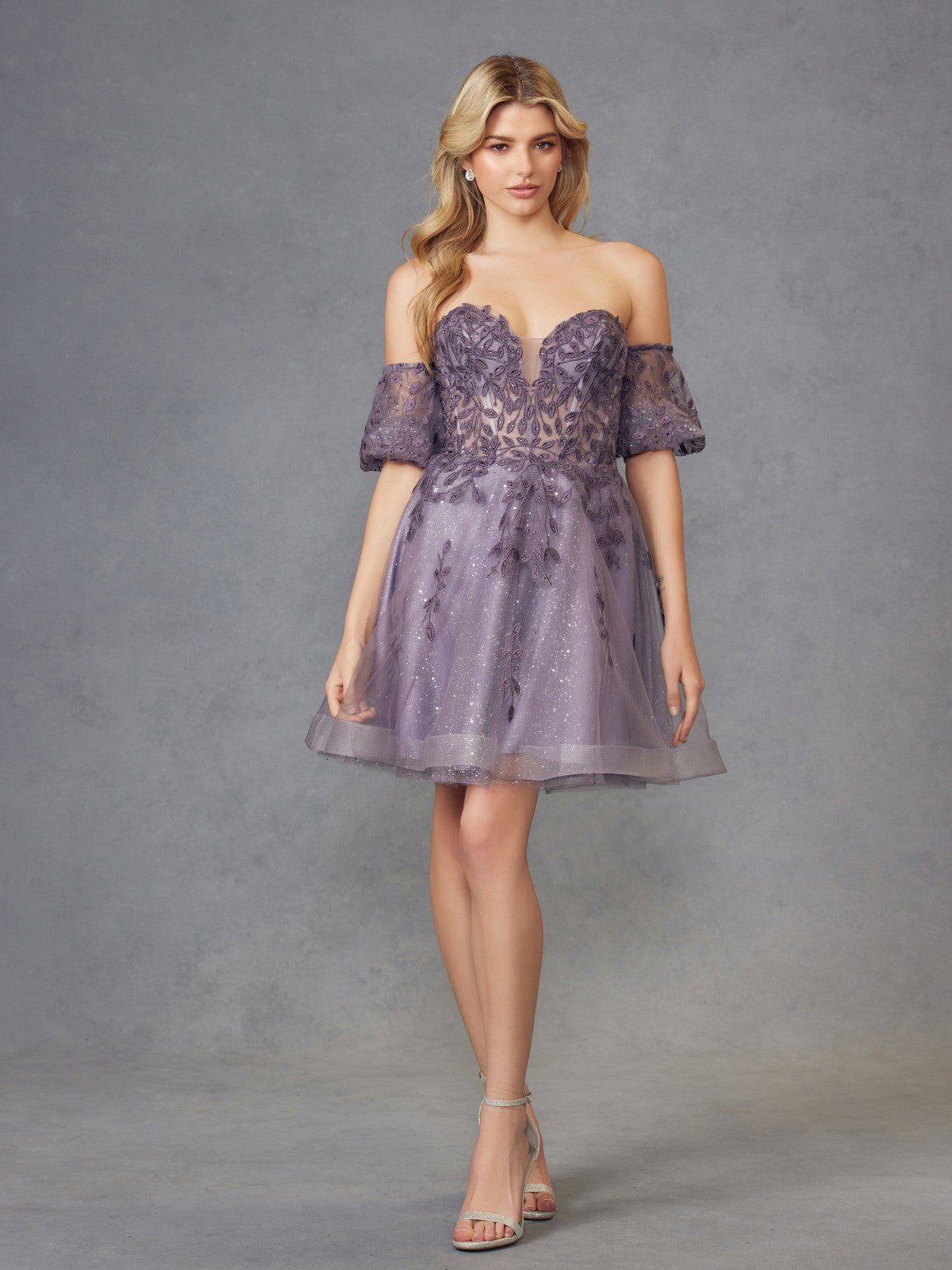 Juliet 909 - Leaf Embroidered Short Dress With Detachable Sleeves