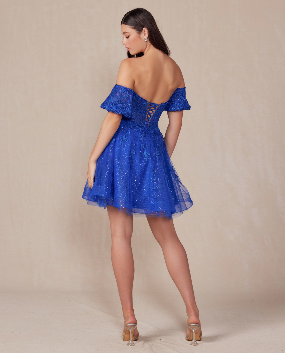 Juliet 909 - Leaf Embroidered Short Dress With Detachable Sleeves