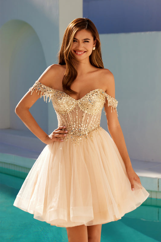 Juliet JT947L - Sequin Off-Shoulder Mini Dress With Flared Tulle Skirt