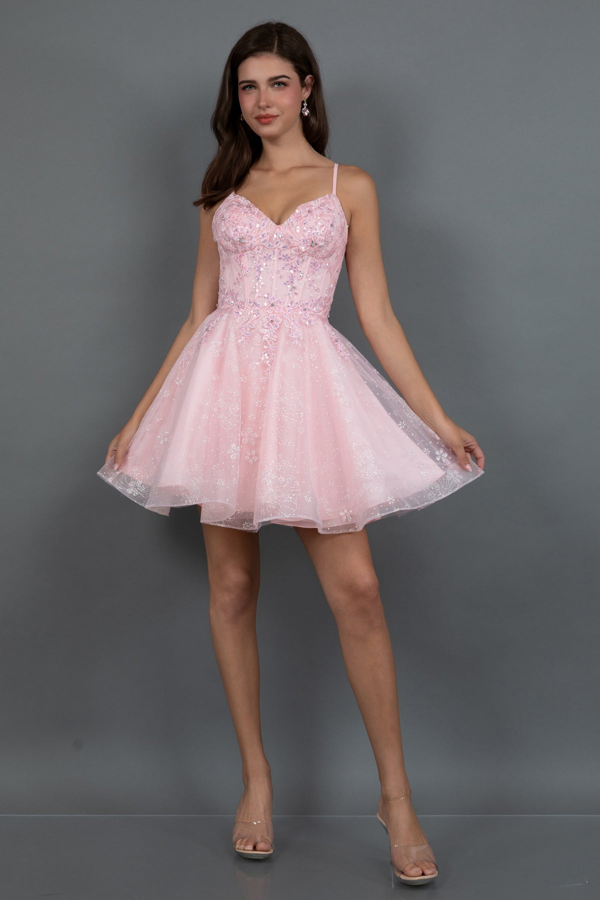 Juliet JT985L - A-Line Sparkling Short Dress With Floral Glitter