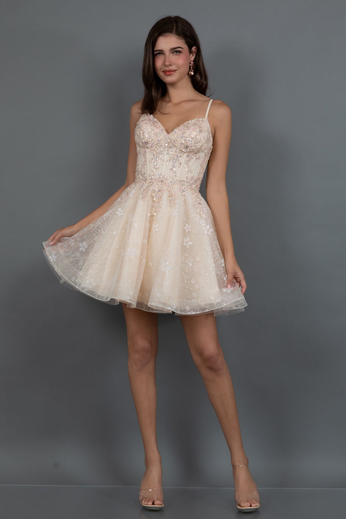 Juliet JT985L - A-Line Sparkling Short Dress With Floral Glitter