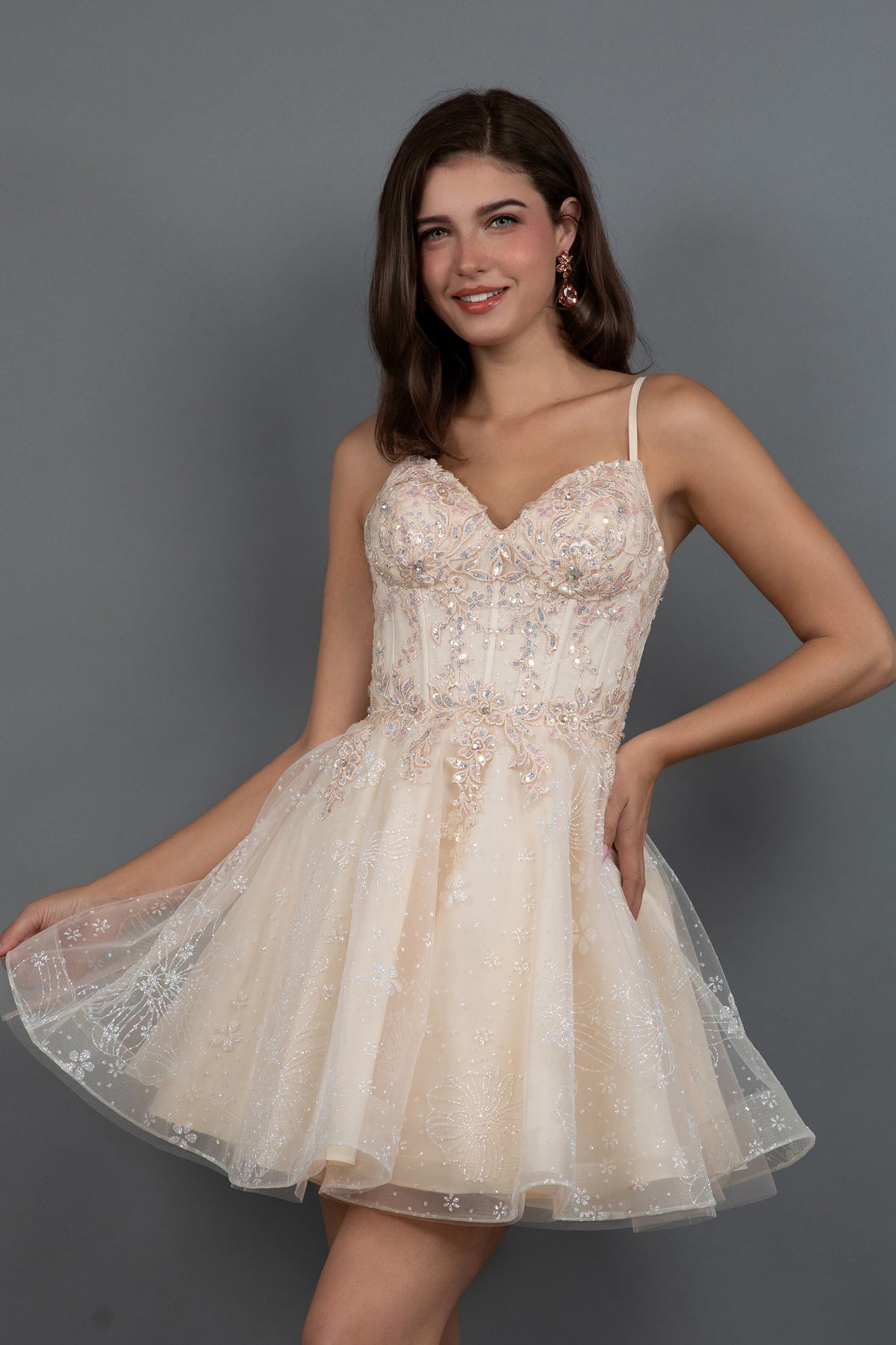 Juliet JT985L - A-Line Sparkling Short Dress With Floral Glitter