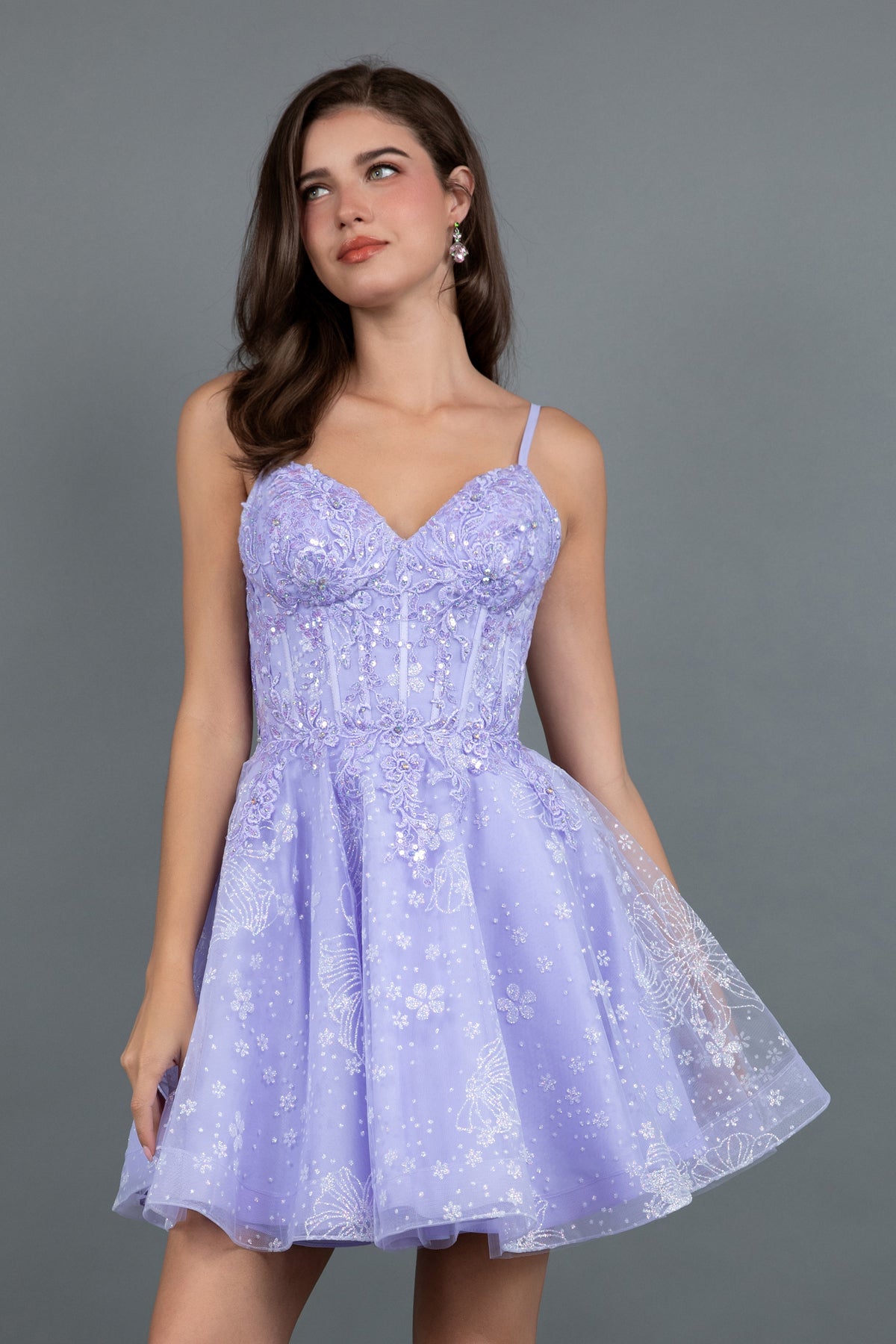 Juliet JT985L - A-Line Sparkling Short Dress With Floral Glitter