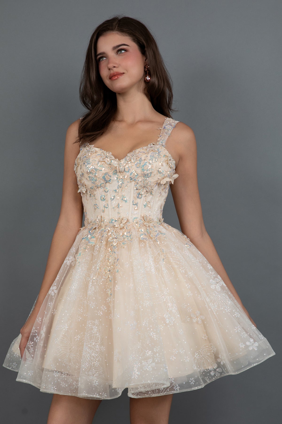 Juliet JT976L - A-Line Cocktail Dress With Floral Glitter Skirt