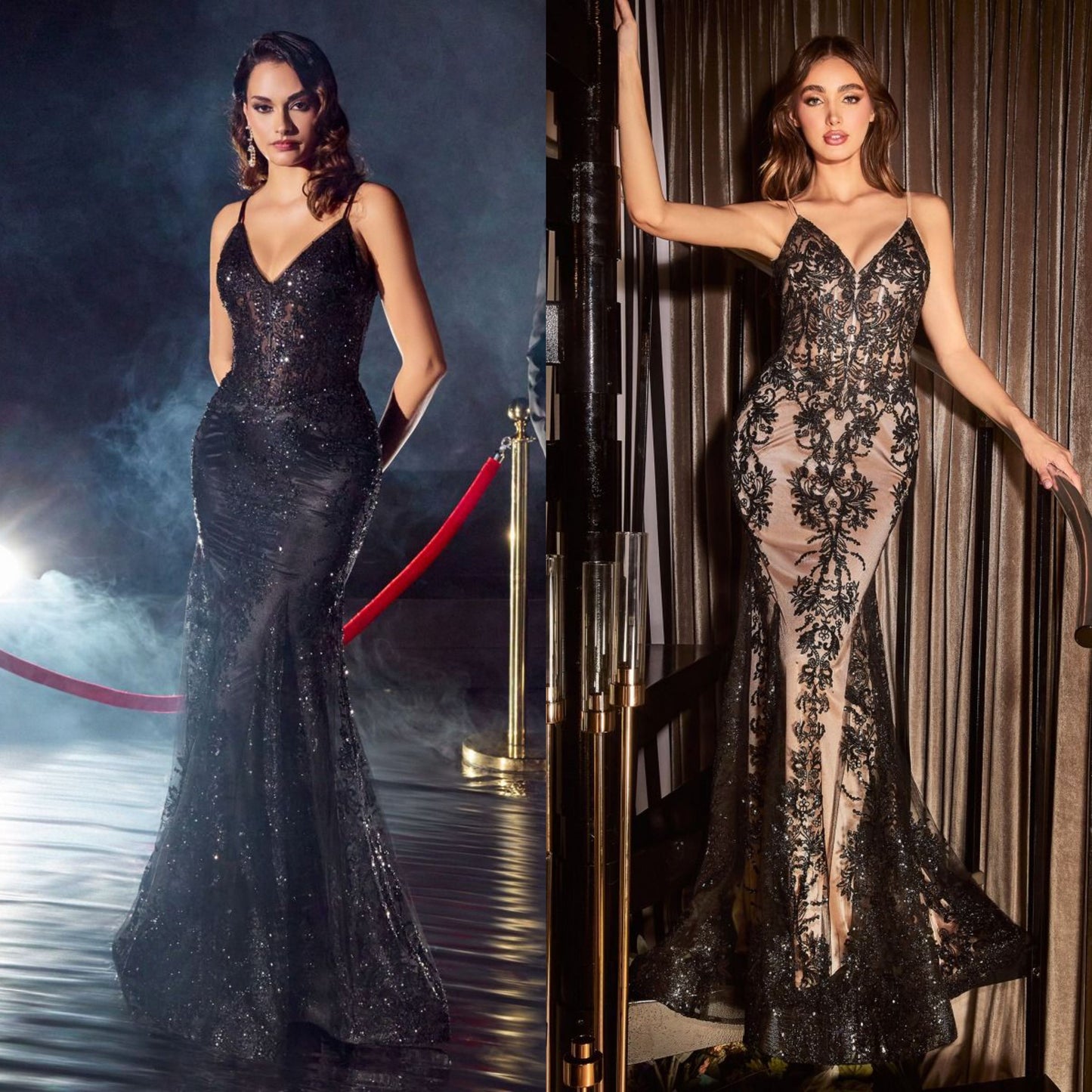 Sheer-Waist Long Metallic Lace Prom Dress - PromGirl Black / 8 Sheer-Waist Long Metallic Lace Prom Dress - PromGirl Black / 8
