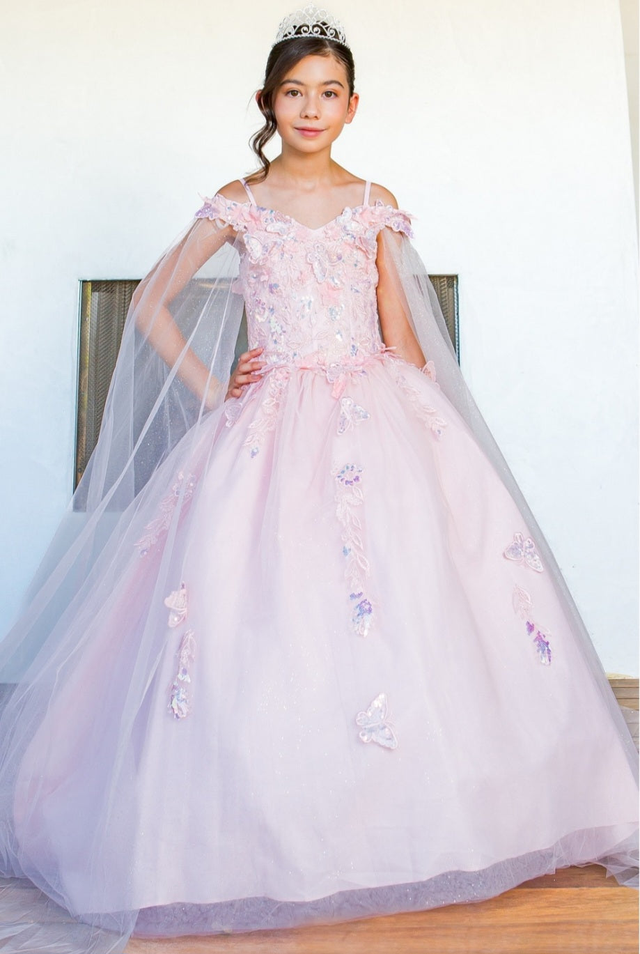 GIRLS BUTTERFLY CAPE SLEEVE GOWN BY CINDERELLA COUTURE 8075 8075X Bridal Hive