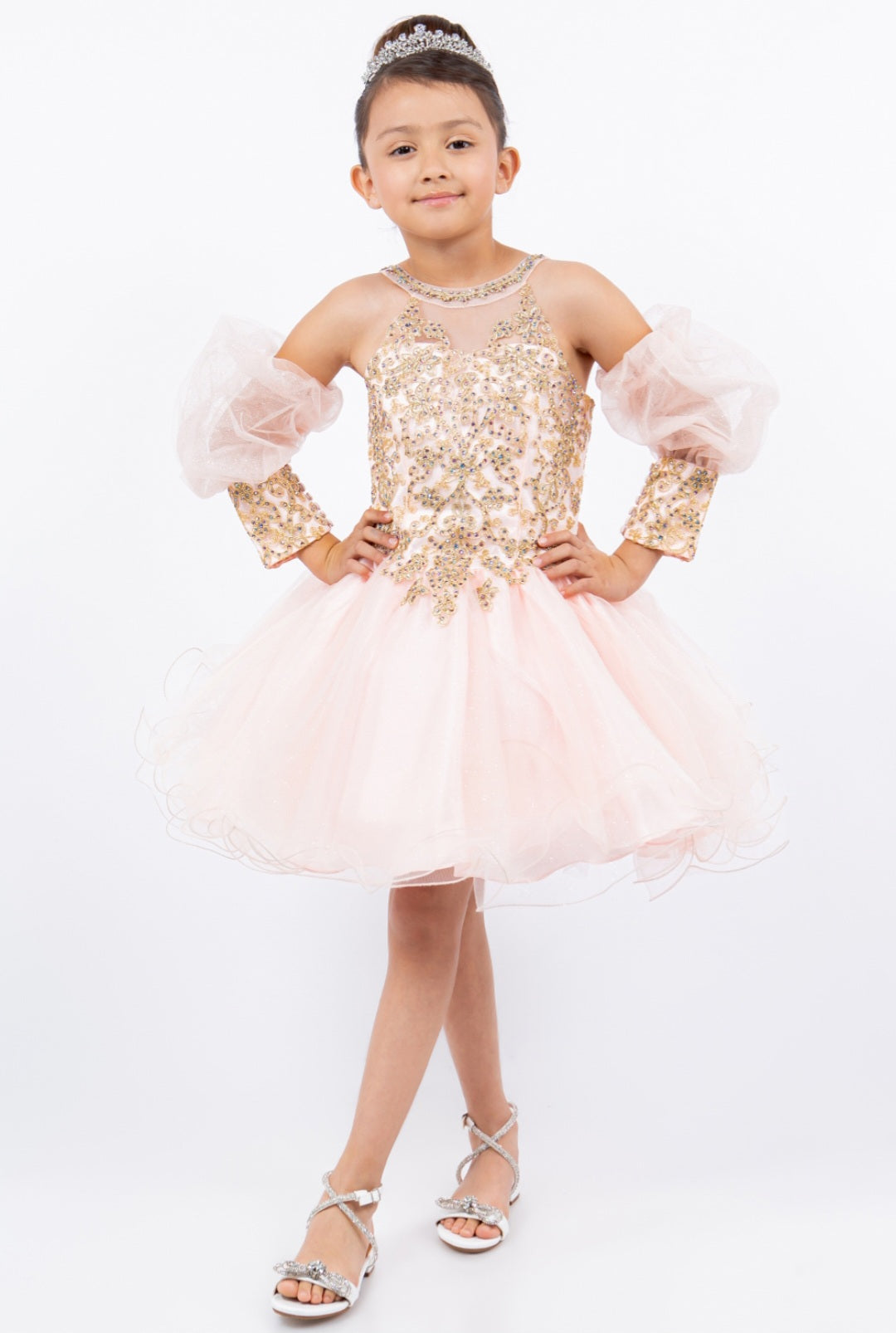 GIRLS APPLIQUE SHORT PUFF SLEEVE DRESS BY CINDERELLA COUTURE 5113