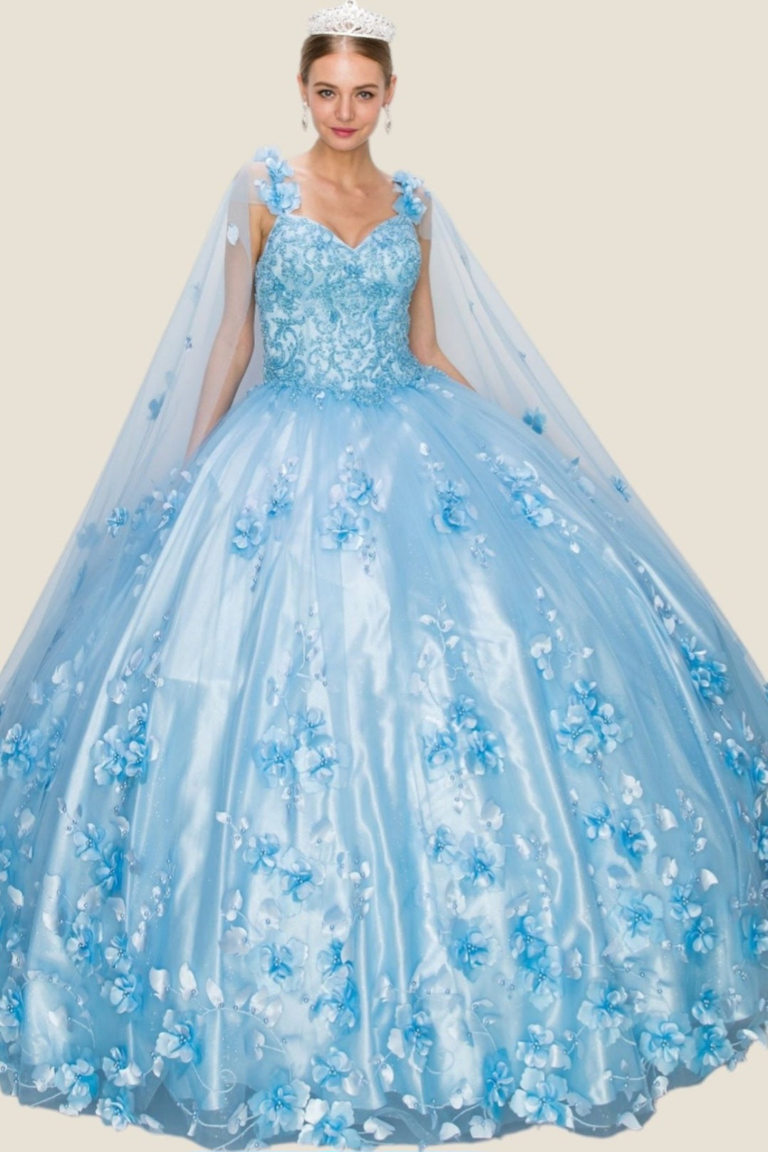 Cinderella Couture 3D Floral Applique & Pearl With Detachable Capes 8030J