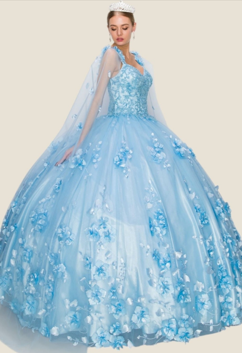 Cinderella Couture 3D Floral Applique & Pearl With Detachable Capes 8030J