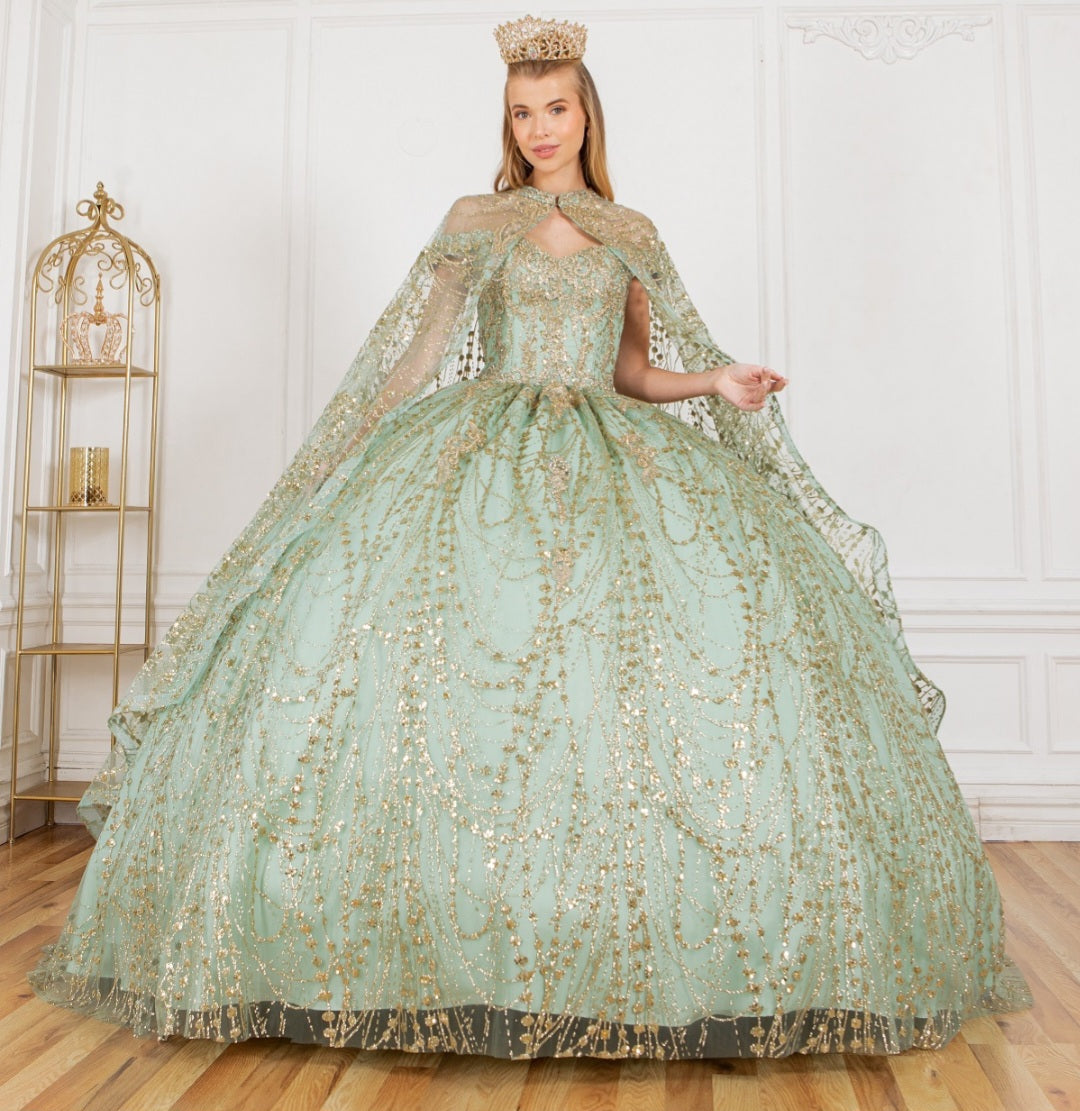 Cinderella Couture Sequin Flower Quinceanera Ball Gown With Cape 4201