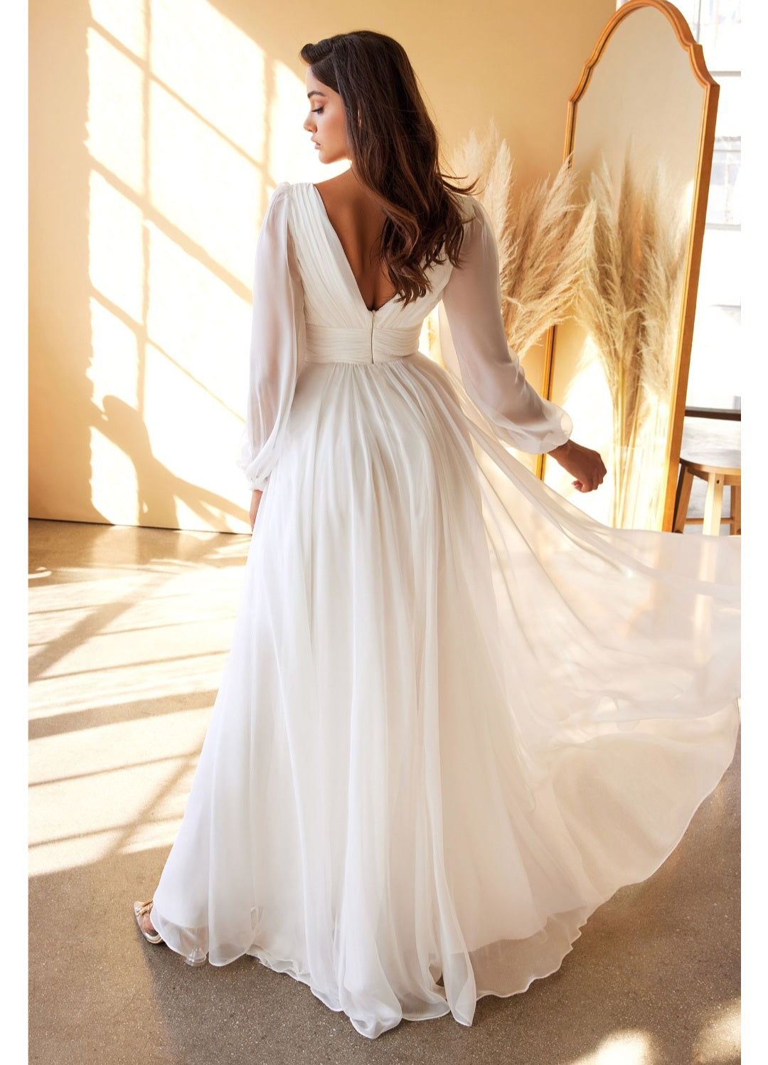 Ladivine CD0192W Chiffon Long Sleeve Bridal Gown, Off White / M Ladivine CD0192W Chiffon Long Sleeve Bridal Gown, Off White / M