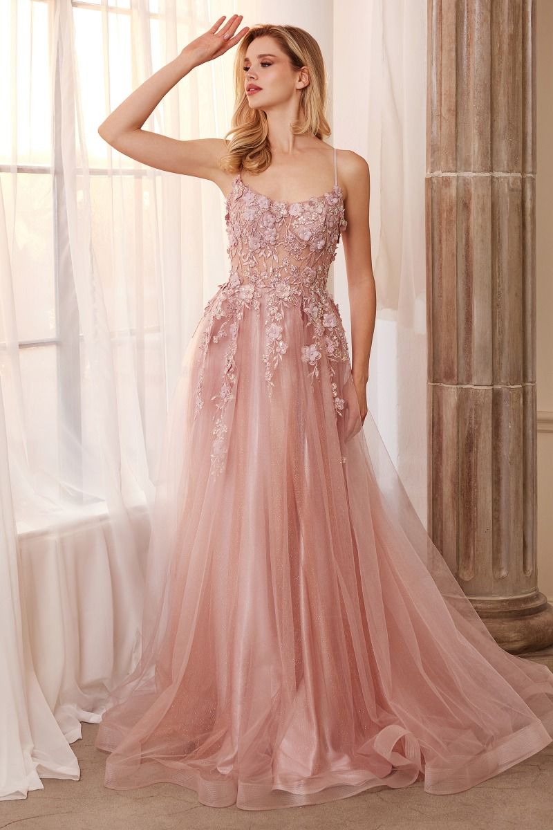 Andrea & Leo A1142 Floral Applique A-Line Gown, Dusty Rose / 6 Andrea & Leo A1142 Floral Applique A-Line Gown, Dusty Rose / 6