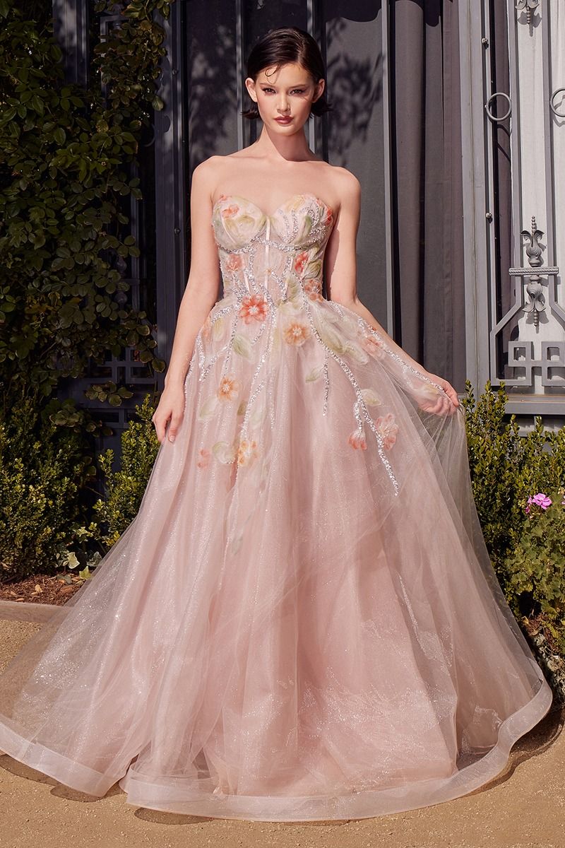 Andrea & Leo A1383 - Strapless Floral A-Line Gown