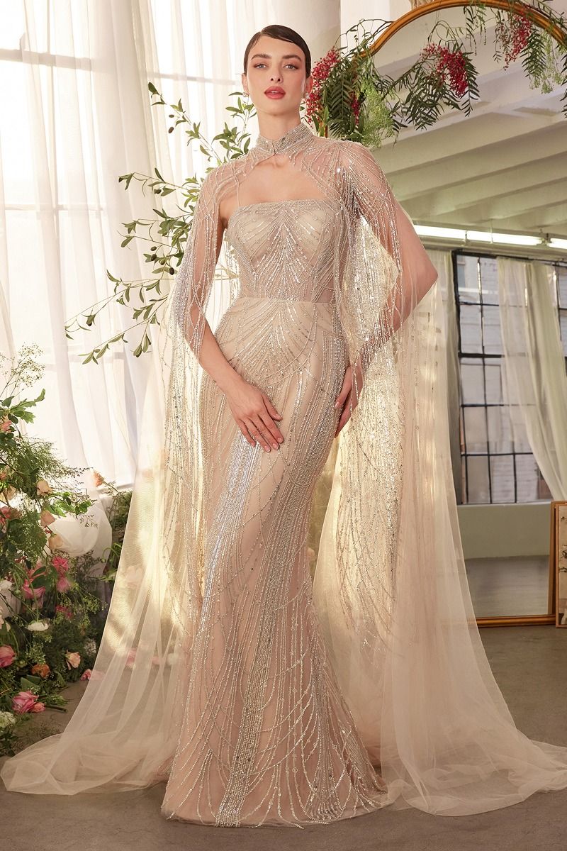 Andrea & Leo A1411 - Beaded Tulle Overlay Fitted Gown With Matching Cape