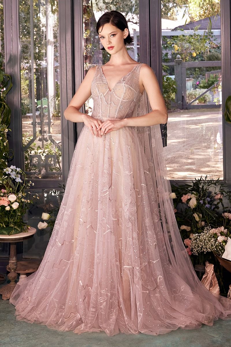 Andrea & Leo A1459 - A-Line Sleeveless Gown With Tulle Cape