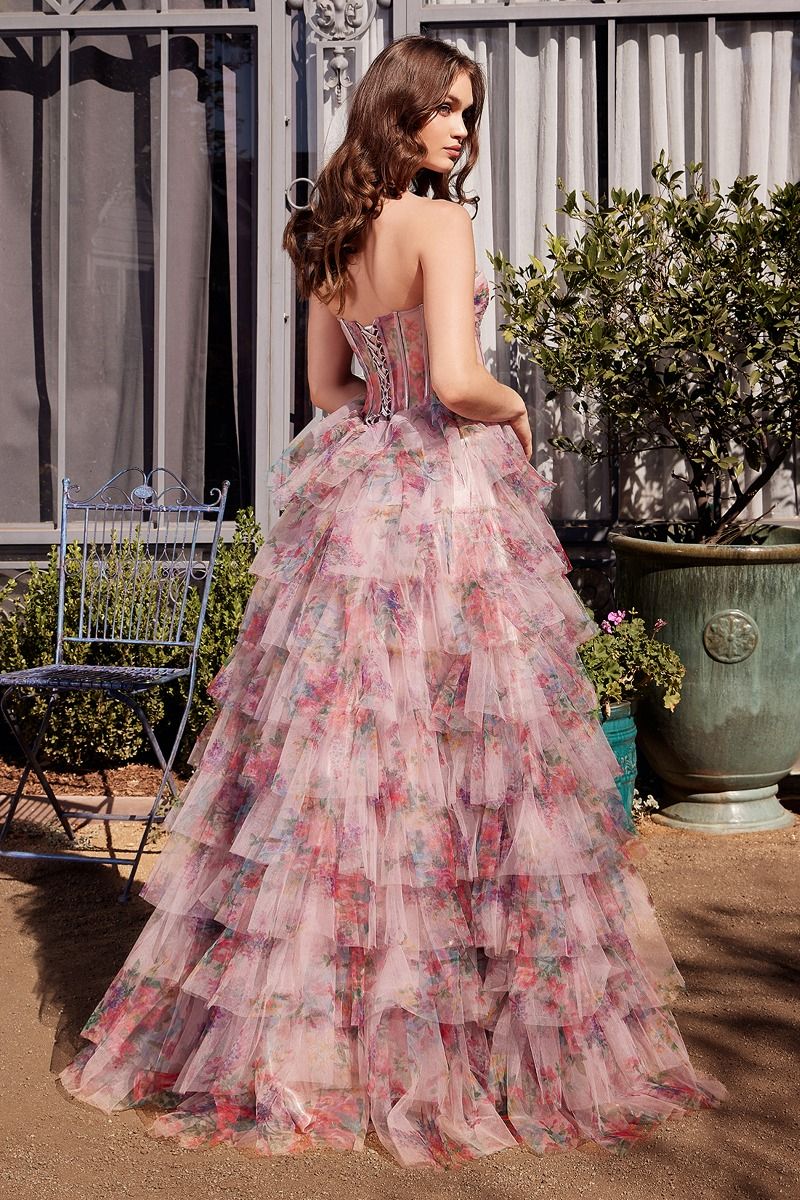 Andrea & Leo A1463 - Pink Floral Print Ruffle Ball Gown