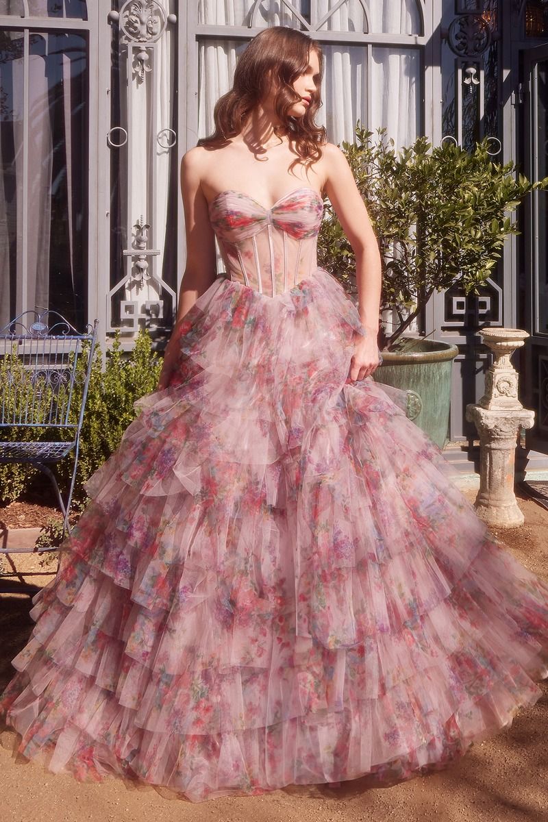 Andrea & Leo A1463 - Pink Floral Print Ruffle Ball Gown