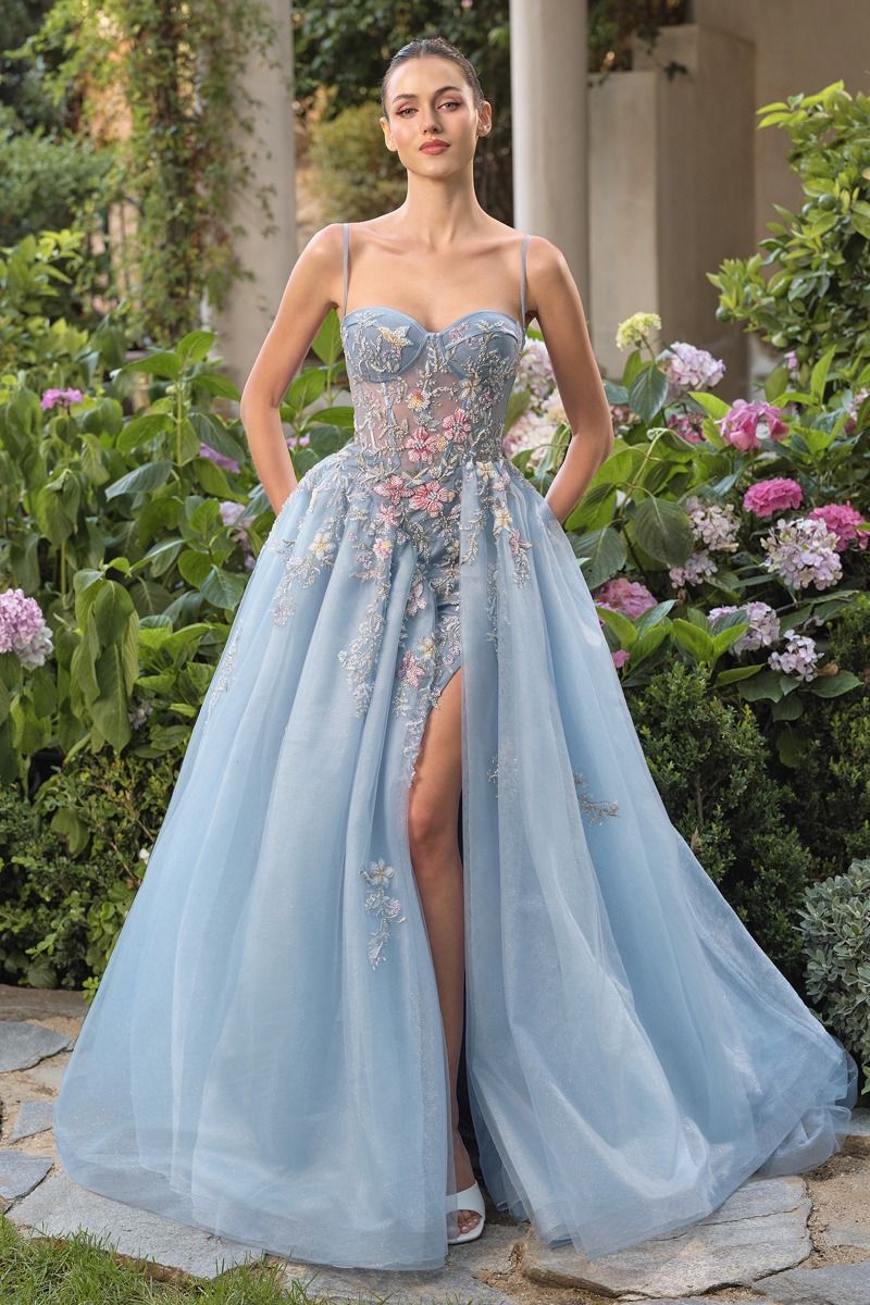 THIN STRAPS GLITTER TULLE BALL GOWN WITH FLORAL EMBROIDERY AND BUTTERFLY MOTIFS BY ANDREA & LEO COUTURE A1490 Bridal Hive THIN STRAPS GLITTER TULLE BALL GOWN WITH FLORAL EMBROIDERY AND BUTTERFLY MOTIFS BY ANDREA & LEO COUTURE A1490 Bridal Hive