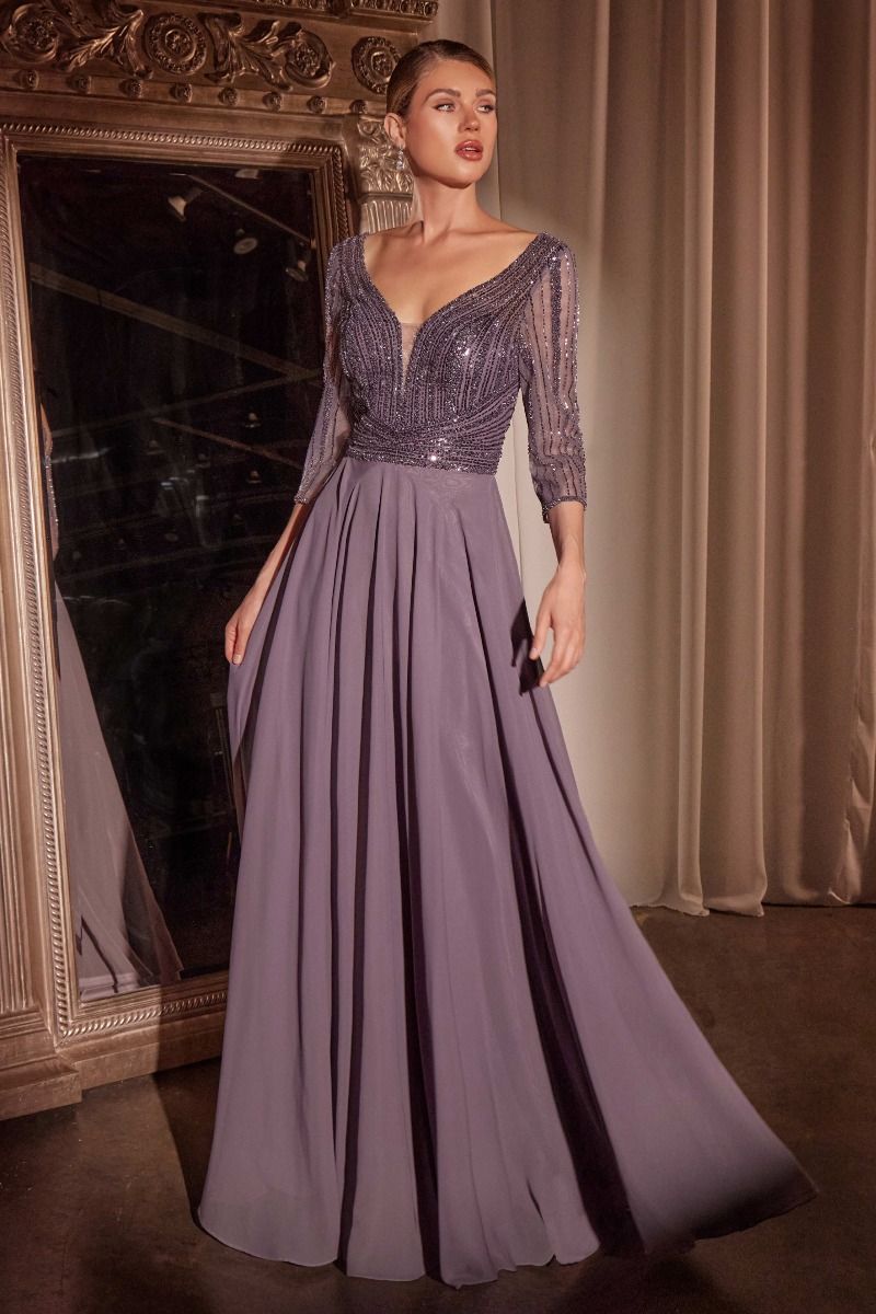 Ladivine CC446 - Three Quarter Sleeve Beaded Chiffon Gown