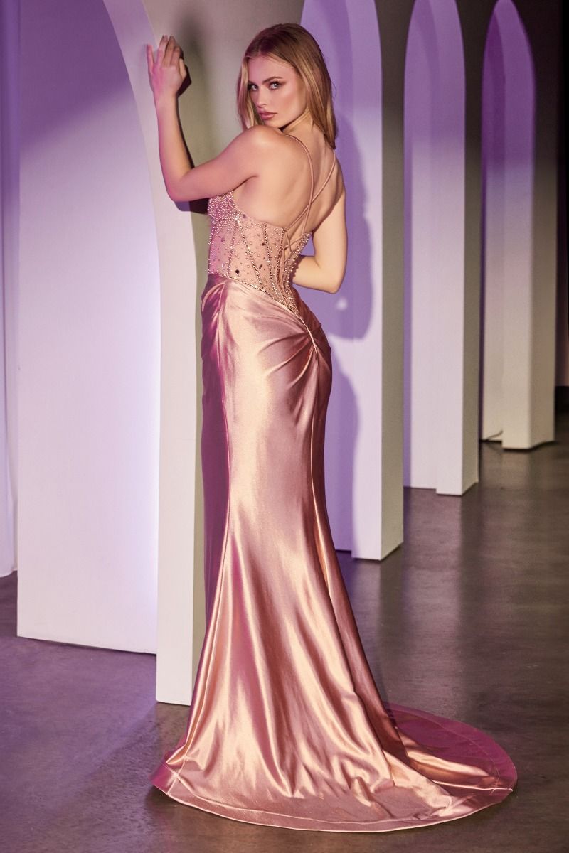 FITTED ROSE GOLD SATIN DRESS WITH BEADED BODICE BY LADIVINE CC8884