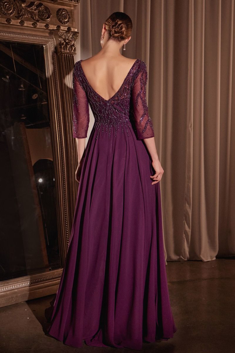 Ladivine CD0171 - Chiffon A-Line Quarter Sleeve Beaded Gown