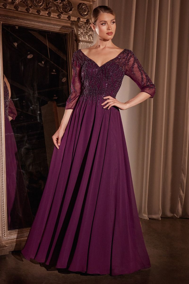 Ladivine CD0171 - Chiffon A-Line Quarter Sleeve Beaded Gown