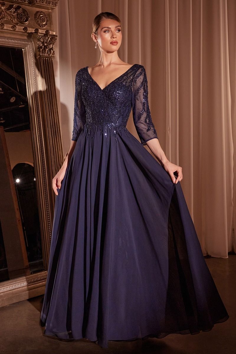 Ladivine CD0171 - Chiffon A-Line Quarter Sleeve Beaded Gown